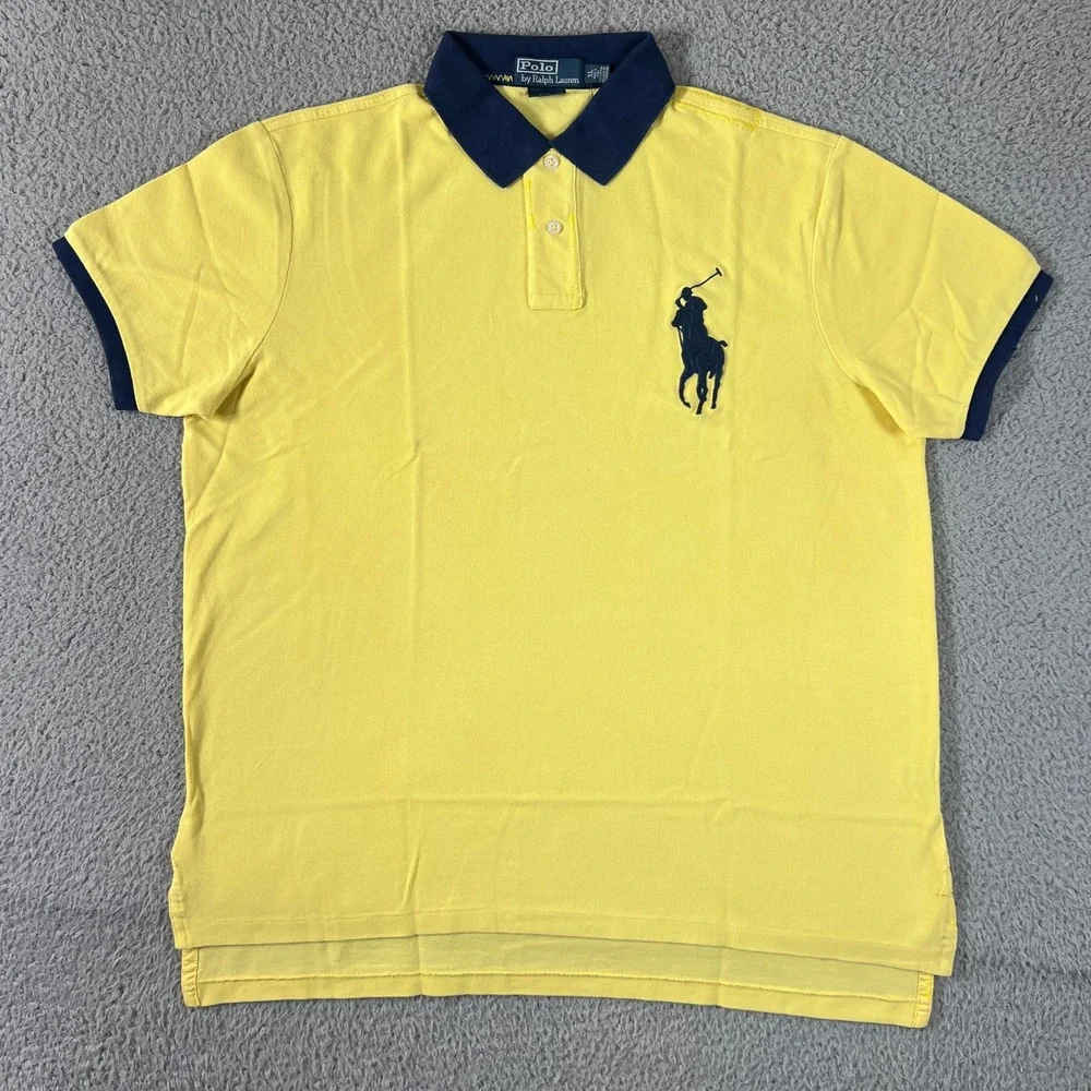 Polo Ralph Lauren Polo Shirt Mens XL Yellow Navy Big Pony Custom Fit Vintage NWT